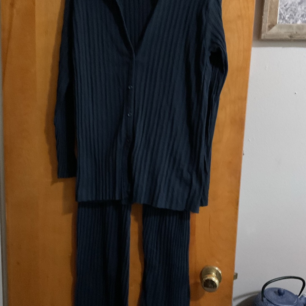 Ribbed Navy Button-Up Top and Pants Set